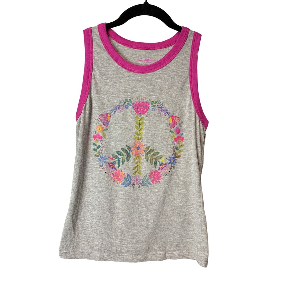 Natural Life Floral Peace Sign Ringer Tank Top Gray Pink Small Boho Graphic